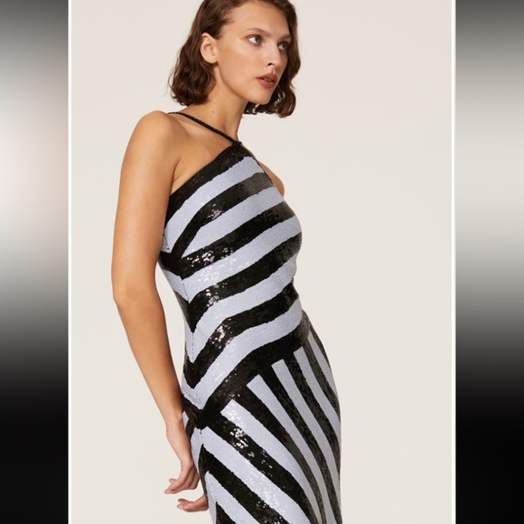 Lauren Ralph Lauren Sequin Striped Halter Neck Gown in Black/ White Size 8 - Picture 5 of 16